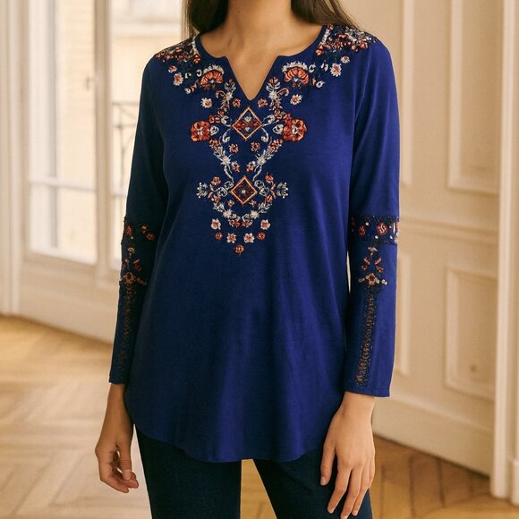 Soft Surroundings Blue Knit Embroidered Knit Top X Small - Picture 1 of 8